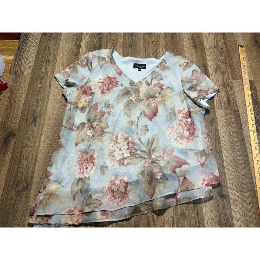Lady Dorby Blouse Women's 20W Blue Green Pink Floral Short Sleeve V-neck